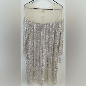 NWT R&M Event Elegant Sequin Dress in Silver Cream Sequined Sheer Lined MIDI 16W